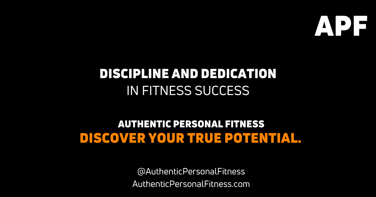 Text graphic showing “Discipline and Dedication in Fitness Success” highlighting APF’s message on discipline and dedication in fitness.